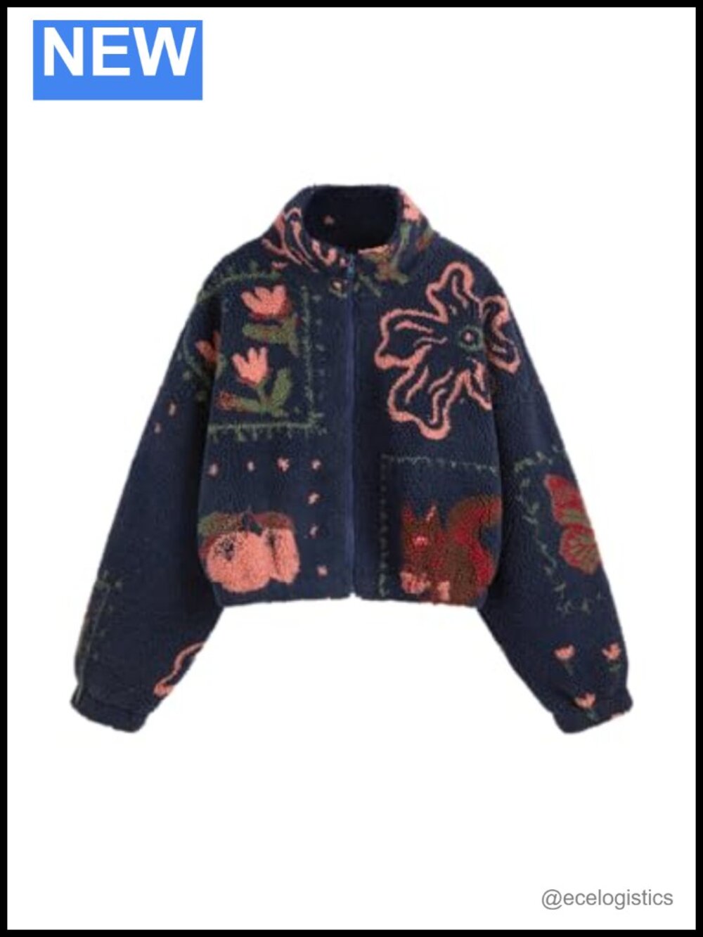 Women's Fleece Sherpa Cropped Jacket with Floral Print Cozy Winter Zip Up